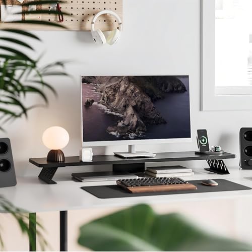 Fenge Monitor Stand Riser, Wooden & Metal Desk Shelf Organizer, Black