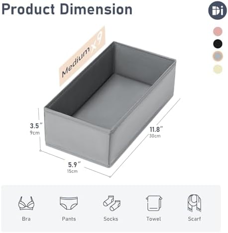 DIMJ Drawer Organizer Clothes - Underwear Organizer Small Sock Organizer Closet Organizers and Storage Box Dresser Drawer Dividers for Baby Clothes,Bra,Socks, Belt, Tie, Set of 9,Grey