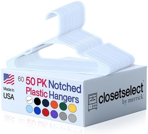 Closetselect Plastic Hangers 50 Pack, Strong Space Saving Notch Hanger, Made in USA, Perfect Shirt or Coat Plastic Hanger, with Shoulder Grooves, White, Notched
