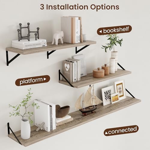 Axeman 12 Inch Deep Floating Shelves for Wall - 36 Inch Wide x 12 Inch Deep Wall Shelves Set of 2 - Rustic Grey Wood Flo