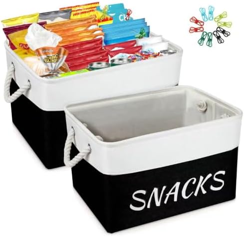 Snack Organizer for Pantry, Decorative Snack Basket with 10pcs Chip Clips, Snack Organizer for Desktop, Collapsible Snac
