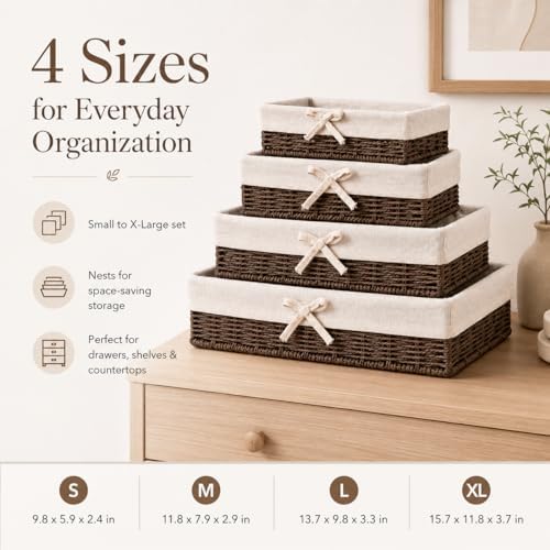 Lined Baskets for Shelves, Set of 4 Woven Paper Rope, Brown