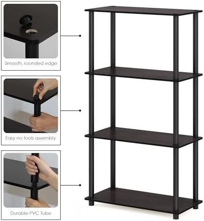 Furinno Turn-N-Tube Toolless Assembly Storage Shelves, 4-Tier Black Book Shelf, Open Storage Bookshelf, for Organization