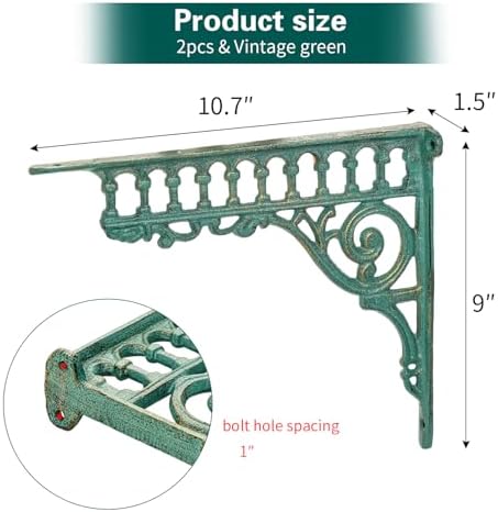 Sungmor 10.6 Inch Cast Iron Brackets for Shelves - 2 Pack Vintage Green