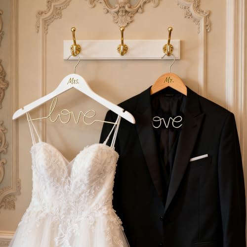Mr & Mrs Wedding Dress Hanger Set – Bride Hangers for Wedding Dress & Groom Suit, Wooden Bridal Hanger with Love Wire Ba