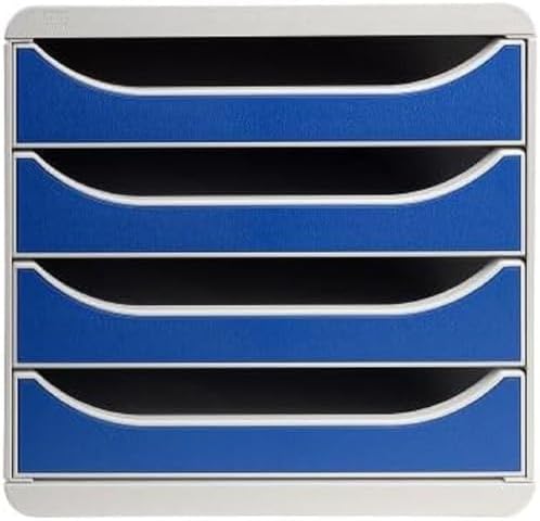 Exacompta - Ref 310003D - BIG-BOX Desktop Drawer Set - 4 x 55mm Drawers, Suitable for A4+ Documents, 347 x 278 x 267mm, 100% Recycled Plastic - Light Grey/Blue