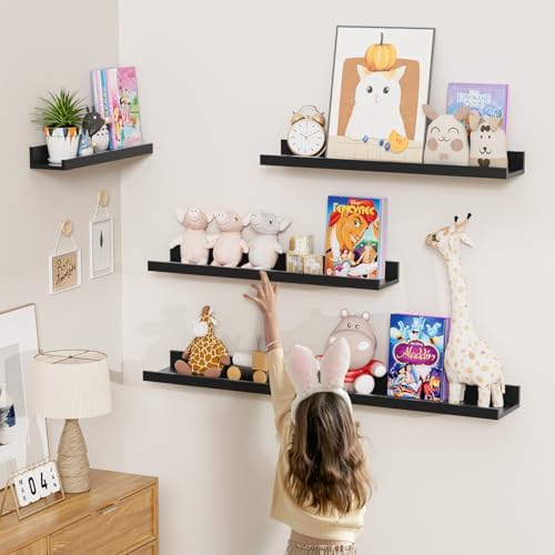 Heimlove Picture Ledge Shelf,24 inch Long Floating Shelves for Wall Set of 4,Black Picture Shelf with Lip for Wall Decor