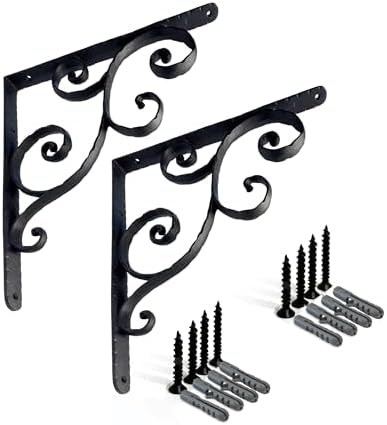 NACH Decorative Shelf Brackets, 2 Pack of 10 x 0.9 x 10 inch, Black Cast Iron Shelving Brackets - Metal Shelf Brackets f