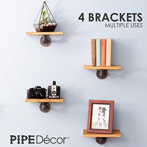 PIPE DECOR Industrial Pipe Shelf Brackets, 2 Inch, 4 Pack – Wall Mounted Double Flange Floating Shelf Hardware, Rustic V
