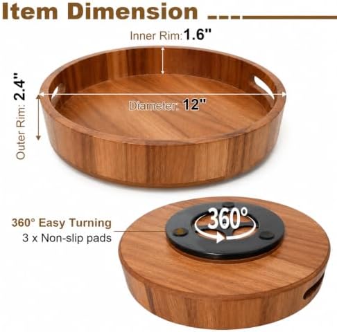 Wooden Lazy Susan – 12 in Acacia Wood Turntable Organizer for Cabinet，Multi-Purpose Home Decor Rotating Tray for Bathroo