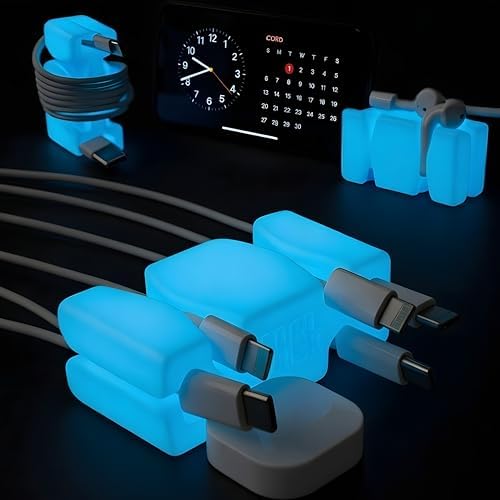CordBrick 2PK Glowing Silicone + Steel Weighted Cable Holders for Nighstands, Cord Wraps for Travel, Unique iPhone Acces