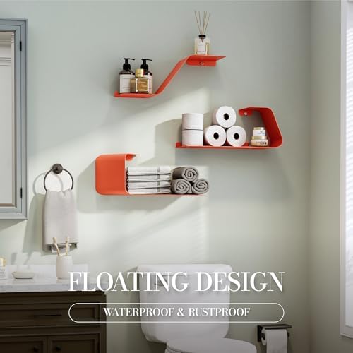 Sttoraboks Floating Wall Shelves Set of 3, Metal Mounted Shelf with Unique Design, Bookshelf for Storage & Display in Ba