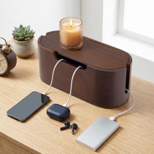 Wooden Cable Management Box with Lid, Decorative Cord Organizer for Power Strip & Charger Cables, Ventilation Holes & Si