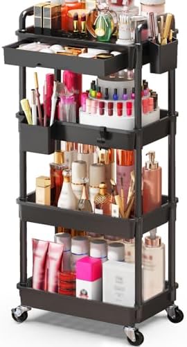 SUNALLY Makeup Cart Organizer with Drawer,4 Tier Rolling Makeup Cart, Black