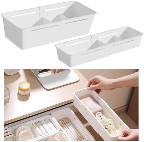 2PCS Expandable Storage Drawer Organizers Sliding Bin Plastic Desk Drawer Trays with Removable Dividers Adjustable Makeu