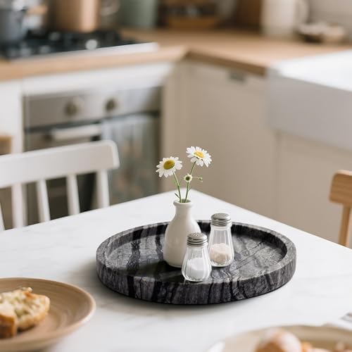 Natural Marble Vanity Tray for Bathroom Bedroom Kitchen Dresser, Round Decorative Trays for Jewelry, Perfume, Cosmetic, 