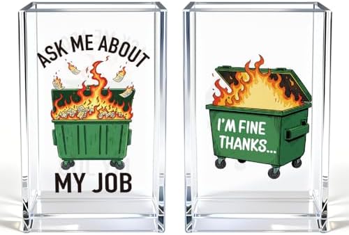 Ask Me About My Job I'm Fine Thanks Acrylic Pencil Pen Holder Cup Set 2, Funny Pencil Holder Desk Organizer, Dumpster Fire Desk Accessories, Sarcastic Office Gifts for Women Men Teacher Coworker