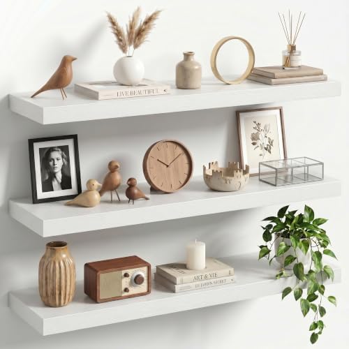 30" Floating Shelves for Wall, Set of 3, 8" Deep, 1.5" Thick, White