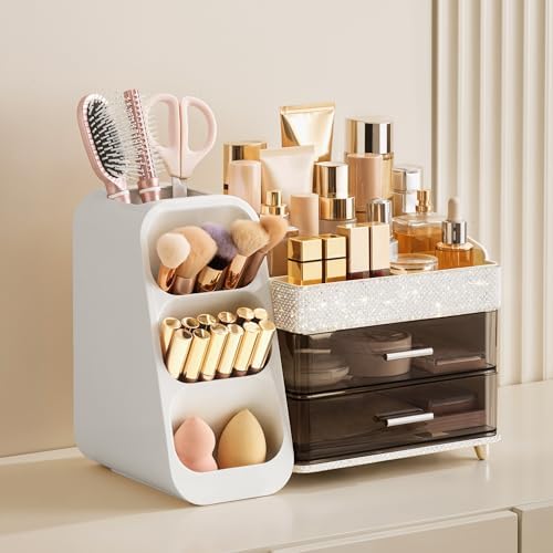 HBlife Makeup Organizer with Brush Holder for Vanity, Large Plastic Bathroom Countertop Organizer Skin Care Storage, Eas