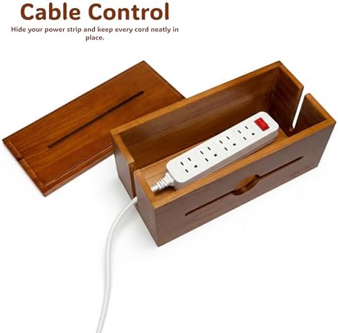 Wooden Cable Management Box for Power Strips, Desk Cord Organizer for Home Office & TV Stand, Hidden Cable Storage with 