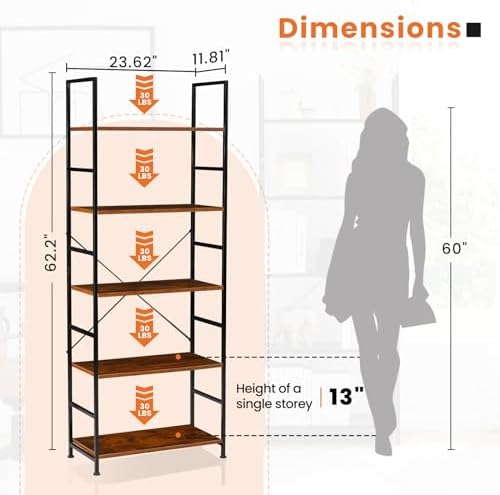 Sweetcrispy 5 Tier Bookshelf, Bookcase with Shelves, Brown