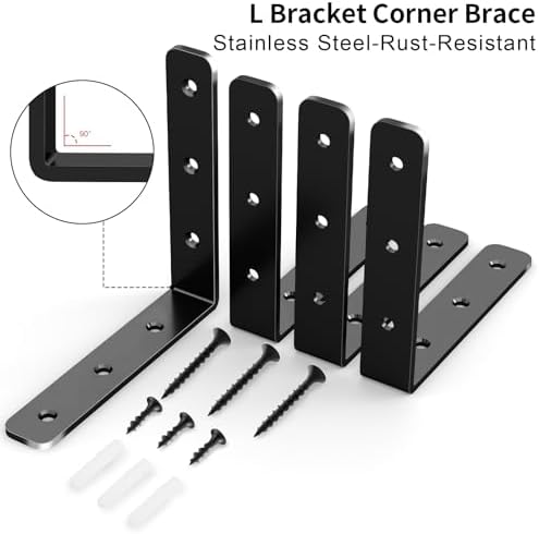 YUMORE Heavy Duty L Bracket, 4 x 4 Inch Corner Brace, Black, 4 Pack