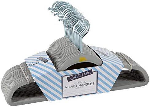 Simplify 25 Pack Kids Velvet Hangers | Slim | Non-Slip Design | Space Saving | Childrens Clothes | Shirts | Pants | Dresses | Baby Nursery | Closet Storage & Organization | Light Grey