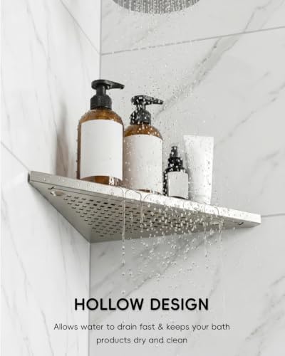 Corner Shower Shelves with Razor Slot & 2 Hooks, 10" Stainless Steel Recessed Triangle Shelf Racks for Bathroom, Grout i