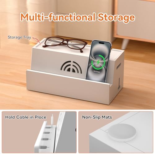 Bamboo Cable Management Box, White, 31X14X15.5CM