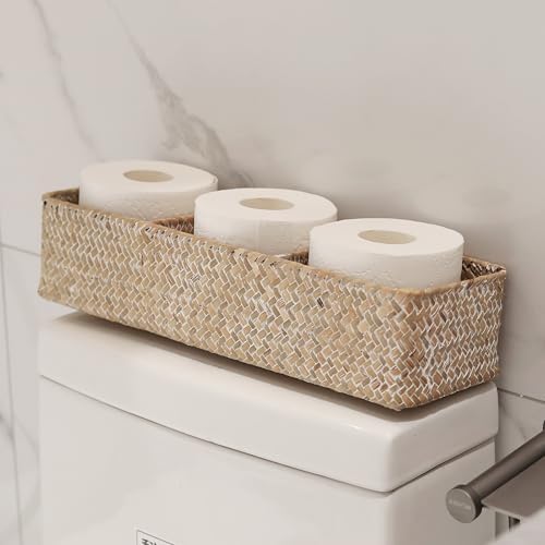 Whitewash Seagrass Toilet Paper Basket 3 Sections 16.5 x 5.5 x 3.5inch