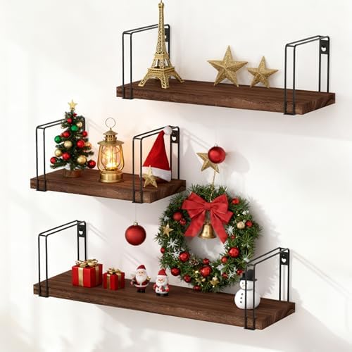 SRIWATANA Floating Shelves for Wall Set of 3, 17" Wall Shelves, Dark Walnu