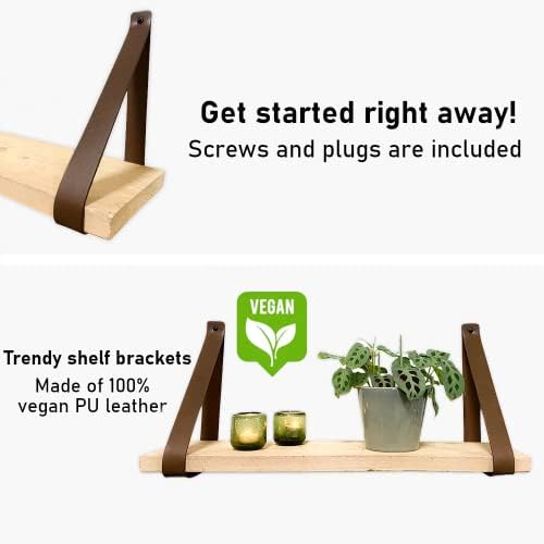 Brute Strength - PU Leather Shelf Brackets - Brown - 2 Pieces - Floating Shelf Set - Wall Brackets - Shelf Straps - Faux