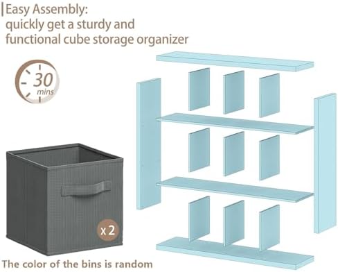 furtble Bookshelf with Storage Bin, 12-Cube Storage Organizer, Modern Wood Open Bookcase, Multifunctional Display Shelf 