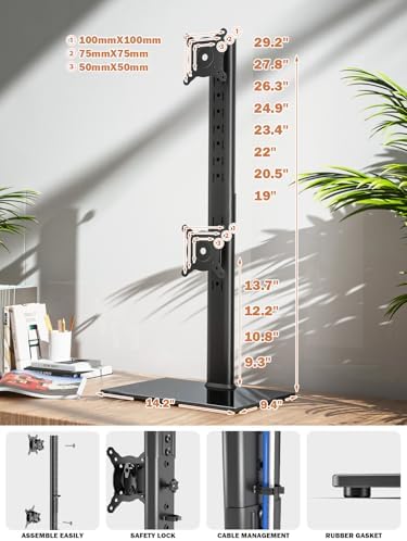 Dual Monitor Stand - Vertical Stack Screen Free-Standing Monitor Riser Fits Two 13 to 34 Inch Screen with Swivel, Tilt, 