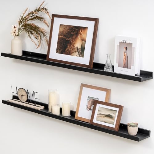 Acovy Solid Ash Wood Picture Ledge Shelf, 36 Inch, Black, Set of 2