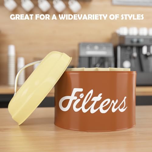 Brown Basket Coffee Filter Holder with Lid - Round Storage Container for Counter - Rustic Farmhouse Coffee Bar Accessori