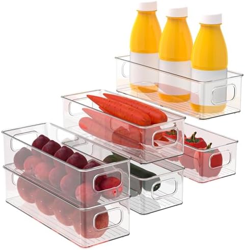 Set of 6 Refrigerator Pantry Organizer Bins - Stackable Fridge Organizers with Handles for Pantry, Freezer, Kitchen, Cou