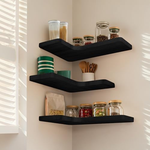 Floating Corner Shelves Set of 3, Solid Wood Picture Wall Shelf, Floating Shelves for Storage for Bedroom Kitchen Bathro