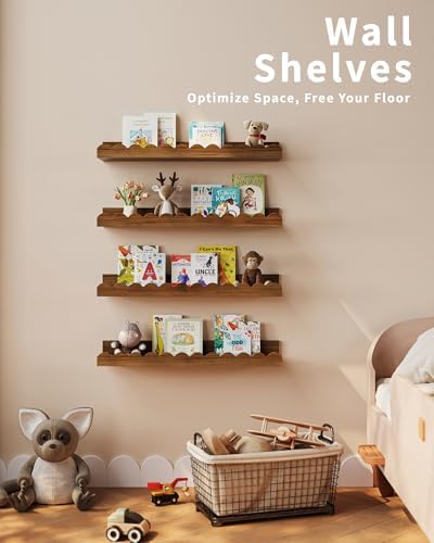 Shario Nursery Book Shelves, 4-Pack Walnut Brown,Floating Shelves for Wall Kids, Scalloped Shelves, Wall Book Shelves fo