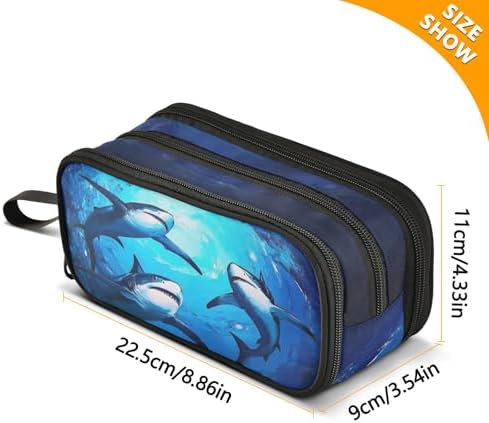 Wfrish Blue Shark Sea Pencil Case Big Capacity for Girl Boy Ocean Seawater Student Pencil bag Pen Pouch Large Stationery 3 Compartments Zippers Organizer School College Office Teens Adults