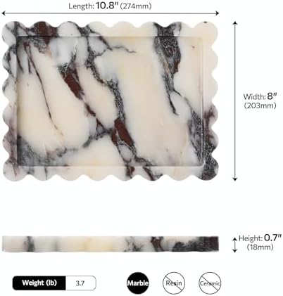 Luxury Calacatta Marble Tray 11" x 8", Marble Vanity Tray for Countertop Bathroom Dresser Kitchen, Scalloped Natural Sto