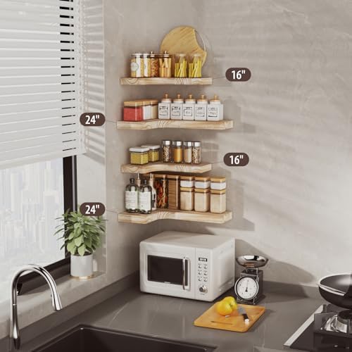 SAUMONIERES Corner Floating Shelves 24 Inch Wall Mount Shelf Solid Wood for Bedroom Bathroom Kitchen Storage Set of 2, R