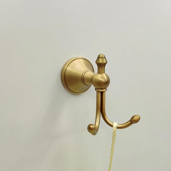 2 Pcs Pack Antique Brass Towel Hook Vintage Coat Hook with 2 Hooks Wall Mounted Robe Hooks for Bathrooms and Kitchen Bronze Hand Towel Hook Hanger with Brushed Gold Finish
