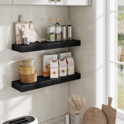 Fun Memories Floating Shelves Set of 2, 24 Inch Floating Shelves for Wall, Wood Wall Shelves with Invisible Brackets, fo