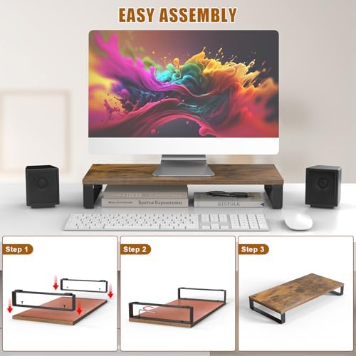 Ywin Monitor Stand Riser for Desk, Computer Monitor Stand Laptop Riser Stand Desk Wood & Steel, Underneath Storage for O
