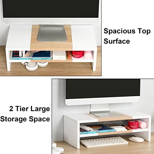 TEAMIX 20 inch Monitor Riser Stand - 2 Tiers, Wood Morden Desktop Bookshelf