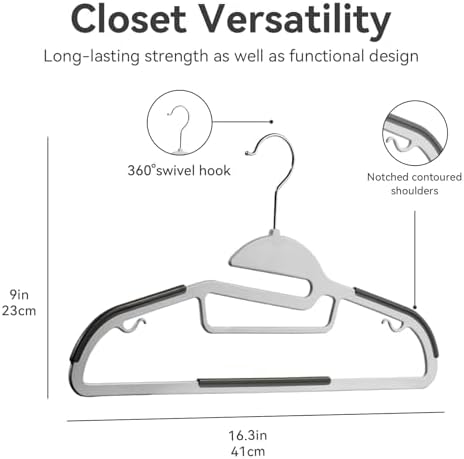 Plastic Hangers Pack of 50, Heavy-Duty Non-Slip Clothes Hangers Space Saving with 360° Swivel Hook Grey/Silver
