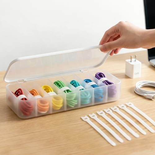 Cable Organizer Box with 7 Wire Ties, 1 Pack Desktop Cord Management Storage Case with Lid, 7 Compartments for Chargers 