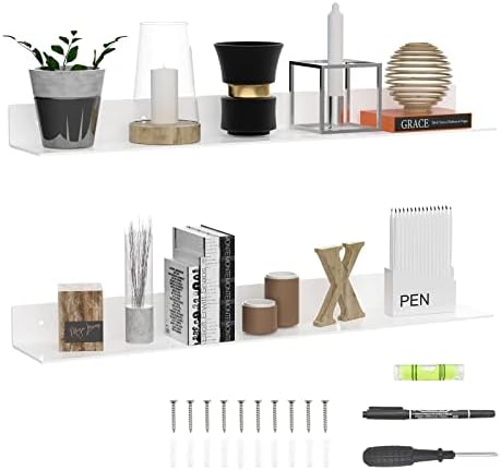 Sezanrpt 36 Inches Acrylic Wall Shelves 2 Pack, Floating Shelf for Wall Mounting, Acrylic Display Ledges for Funko Pop Figures, Home Décor, Living Room, Gaming Room, Plants(36 inch, White)