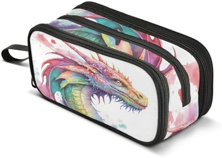 Watercolor Dragon Pencil Case Box Boys Girls Large Pencil Pouch with Zipper Compartments Big Capacity Stationery Pen Bag Organizer for Kids Teens Adults School Office